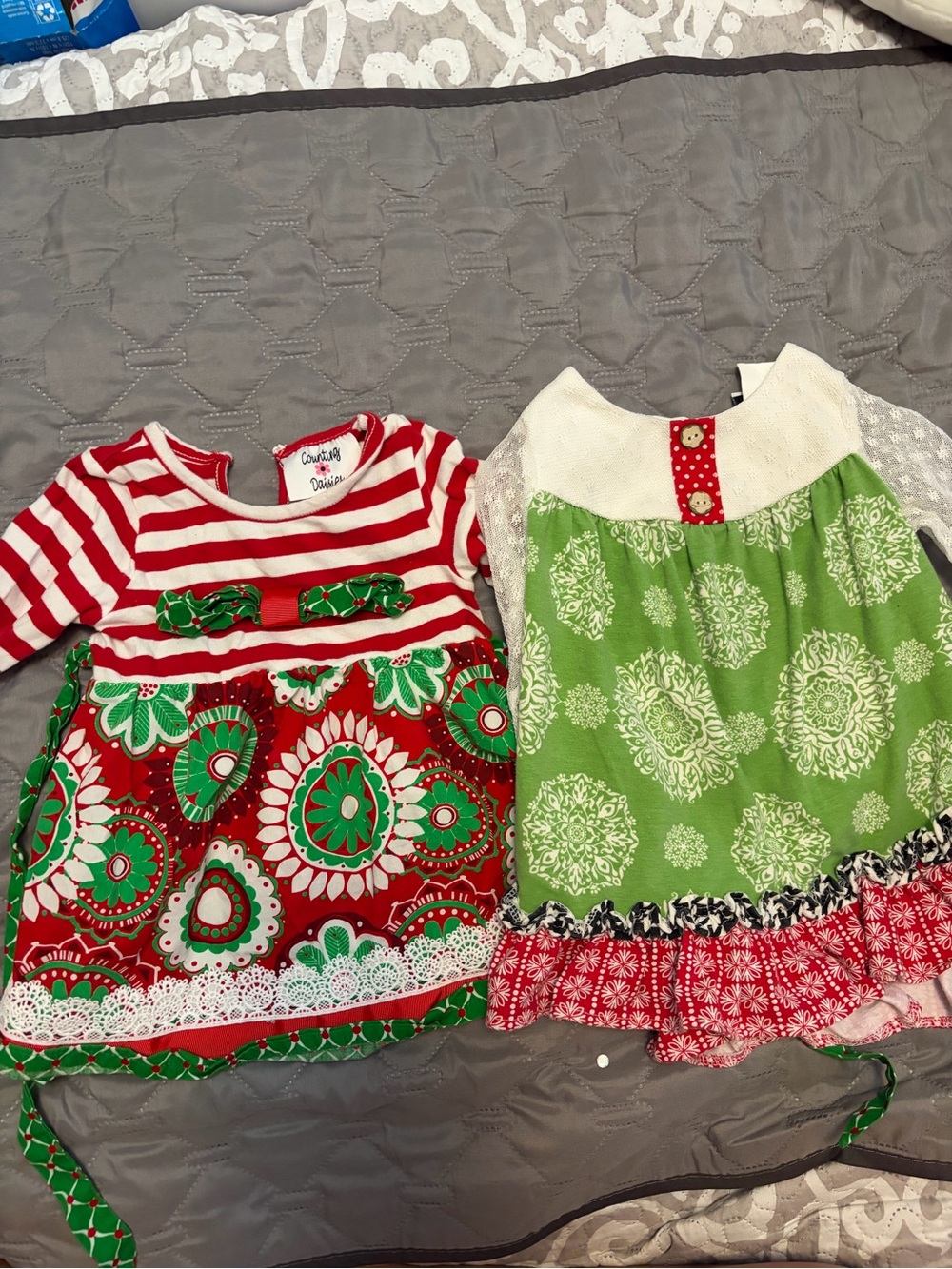 Girls Green & Red Holiday Patterned Dresses